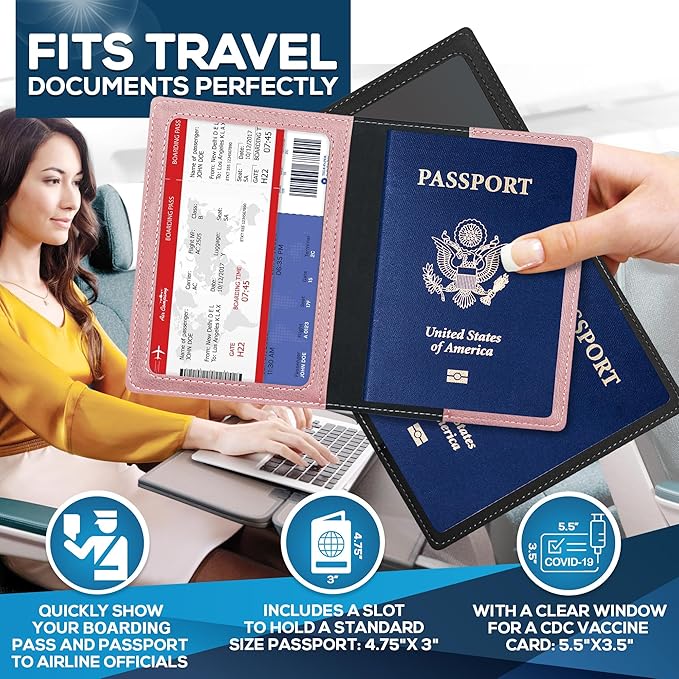 Ciana Passport Holder for Travel – PU Leather Passport Cover and Card Holder for Men & Women – Slim Passport Holder with Card Protector Slot, Travel Must Haves (Black & Pink)