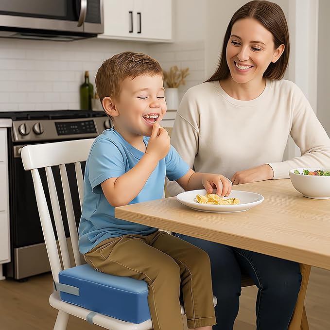 Toddler Booster Seat Dining Table Kitchen Chair, Waterproof Anti-Scratch PU Cushion, Non-Slip Bottom, Adjustable Buckle Straps, Easy Clean Portable Seat Cushion (Blue)