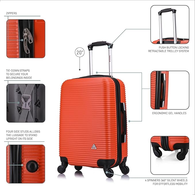InUSA ROYAL Hardside Luggage with Ergonomic Handles | Spacious Travel Suitcase with Four Spinner Wheels and Studs | 20 Inch Hardside Carry-On Spinner Luggage | Orange