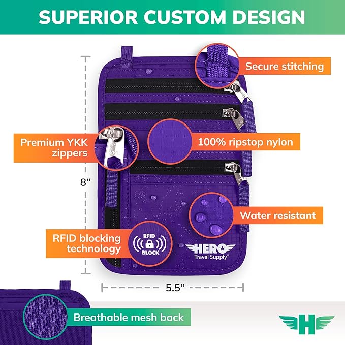 HERO Neck Wallet - RFID Blocking Passport Holder, Easy to Conceal Travel Puch (Purple)