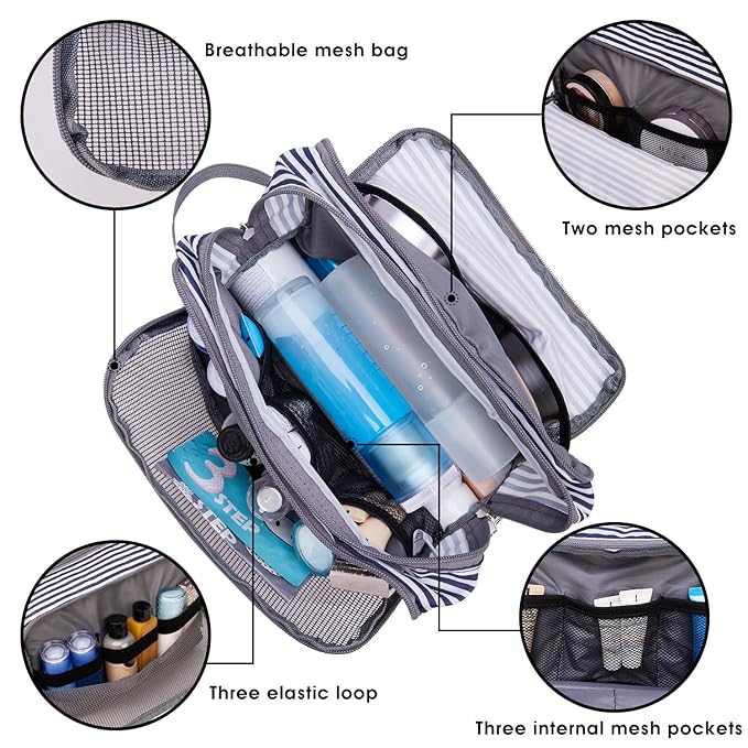 Toiletry Bag for Men Hanging Dopp Kit Water Resistant Shaving Bag Small Toiletry Bag for Traveling (Blue Stripe)