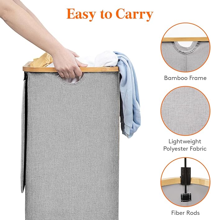 Lifewit 100L Laundry Basket with Lid, Clothes Hampers for Laundry with Bamboo Handles and 1 Removable Bag, Large Foldable Laundry Hamper for Bedroom, Bathroom, Dorm, Laundry Room, Light Gray