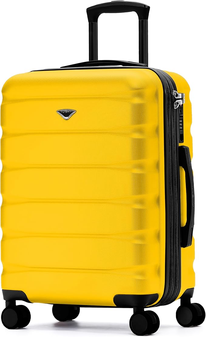 Flight Knight 24x16x10 Expandable Carry On Suitcase Hardside TSA Lock USB C Lightweight Luggage Silent Double Spinner Wheels Maximum Overhead Carry-On Bag For Virgin South West Approved Yellow