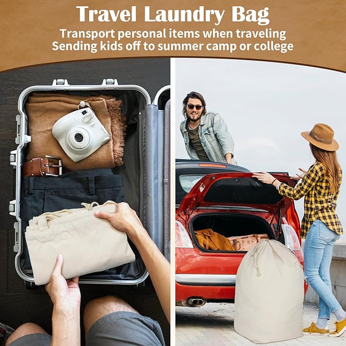Canvas Laundry Bags with Handles & Square Base13.8"Lx13.8"Wx27.6"H, Large Heavy Duty Laundry Hamper Bag, College Dorm Washable Drawstring Canvas Dirty Clothes Sack (Beige,2 Pack)