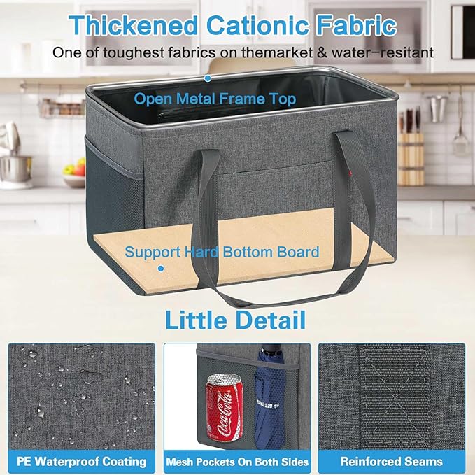 LHZK Standing Utility Tote Bag with Metal Wire Frame and the Sides Rinforced, Large Tote Bag with Handle, Reusable Grocery Bags Foldable, Beach Bag, Car Tote (Grey, 18.5''x11.8''x11.5'')