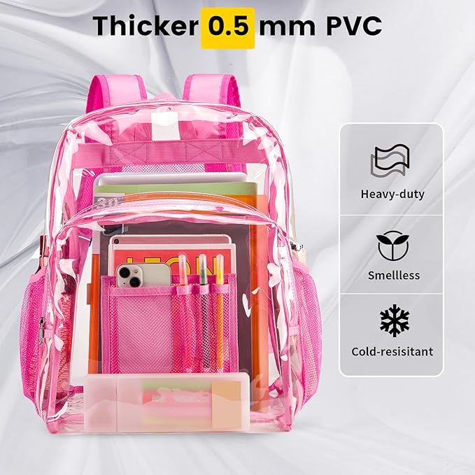 Vorspack Clear Backpack Heavy Duty PVC Transparent Backpack Extra Large Clear Backpacks with Reinforced Strap for College Workplace Security - Pink