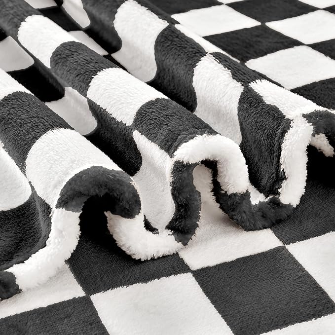 Checkered Blanket Flannel Throw Blankets Soft Cozy Checkered Grid Print Chessboard Gingham Pattern Throws for Bed Sofa Couch for All Seasons, 60x80 Inch, Black