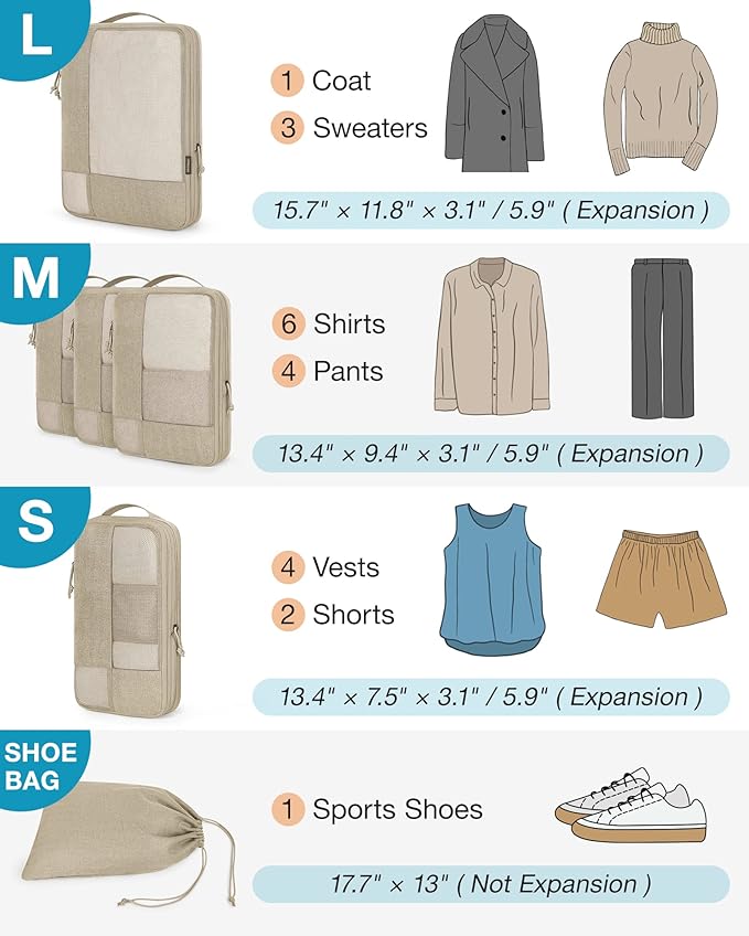 BAGSMART Compression Packing Cubes for Travel, 6 Set Packing Cubes for Carry on Suitcases, Compression Travel Cubes & Suitcase Organizer for Packing with Shoe Bag Khaki