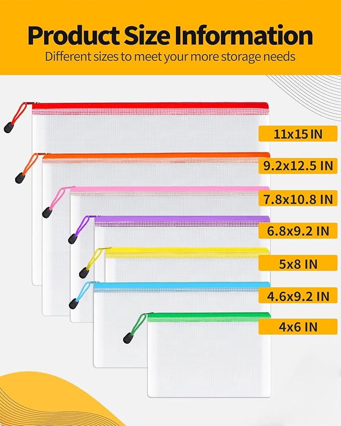 SUNEE Multisize Mesh Zipper Pouches (7 Colors, 21 Packs), Water-Resistant Zip Bag for School Office Supplies, Puzzles & Games Organizing Storage
