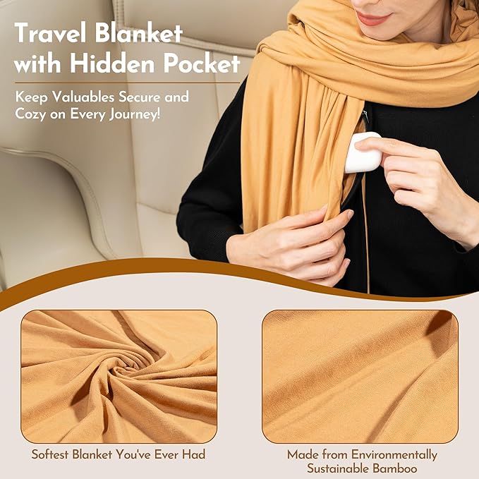 16-in-1 Compact Travel Blanket with Bag – Reversible, Ultra Soft Bamboo Airplane Blanket with Hidden Pocket – Packable for Flights & Travel Essentials (Semi-Weighted, Double Layer)