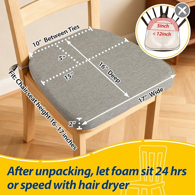 AAAAAcessories D-Shaped Chair Cushions, 2" Thick Dining Chair Pads with Ties and Removable, Machine-Washable Cover, 17" x 16", Set of 6, Khaki Gray
