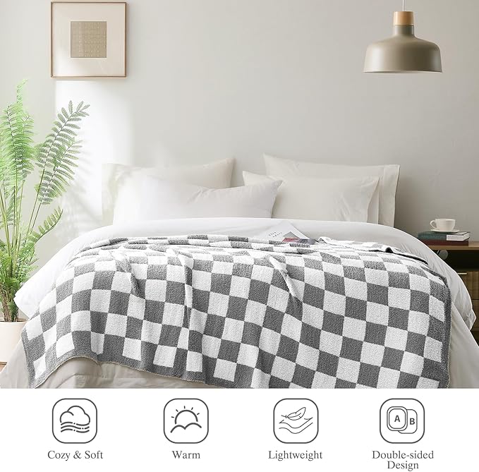 Checkered Throw Blanket, Light Grey Soft Cozy Fluffy Knitted Throw Blankets for Couch, Sofa, Bed, Chair, Warm Fuzzy Travel Picnic Lightweight Plaid Blanket, 60x80 inches