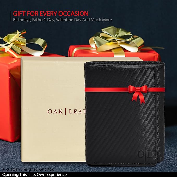 Real Leather Mens Trifold Wallet RFID Blocking Slim Minimalist Front Pocket - Thin & Stylish with ID Window in Gift Box