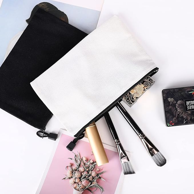 12 Pack DIY Craft Cotton Canvas Bag, Multi-Purpose Cosmetic Bag Makeup Pouches with Zipper Travel Toiletry Bag (XS, Black)