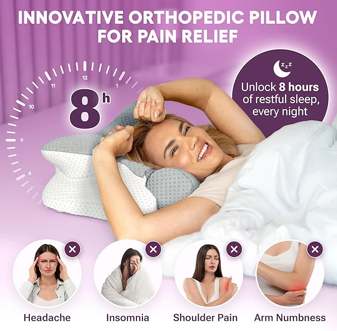 3-in-1 Orthopedic Pillow, Cervical Neck Pillow for Sleeping, Adjustable Height Memory Foam Neck Pillow and Detachable Roll, Contour Pillow for Neck Pain Relief for All Sleeping Positions (Gray)