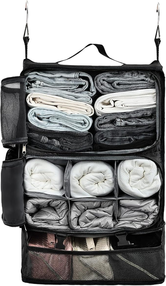 Surblue Hanging Shelves Travel Storage Bag Compression Packing Cube for Suitcase Portable Closet Organizer Collapsible with Extension Layer Large Capacity,Black,XXL