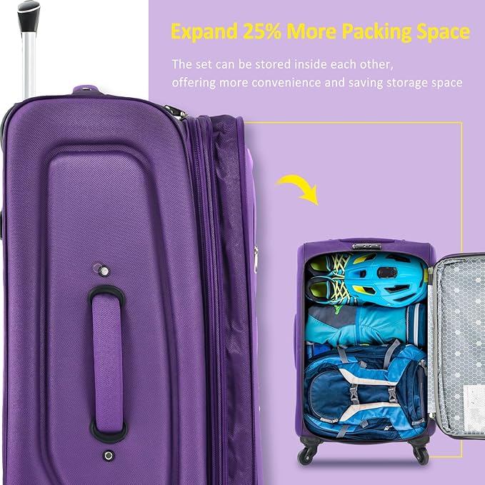 Softside Luggage Sets 3 Piece - 20" Carry-On, 24” & 28” Checked Luggage Set, Expandable Luggage Lightweight Suitcase with Spinner Wheels & TSA Lock for Family Extended Travel (Purple)
