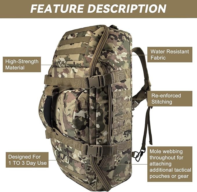 55L Large Duffle Bag, 3-in-1 Tactical Backpack MOLLE Pack for Sports, Gym, Outdoor, CP