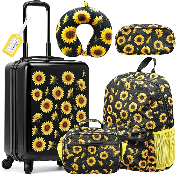 Redbaker 17 Inch 6 Pcs Kids Luggage Set Kids Rolling Luggage Double Pattern Suitcase for Boys Girls (Black Yellow, Sunflower Style)