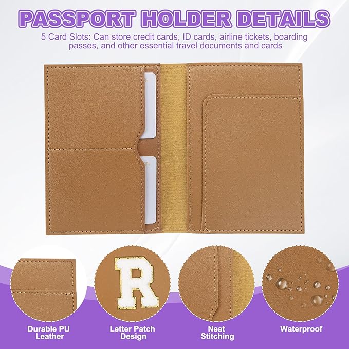 PATIKIL Passport Holder for Travel, Initial Passport Cover and Luggage Tag Set with Alphabet Chenille Letter Patch Travel Wallet Bag Suitcase Identifier for Women Family Travel Brown R