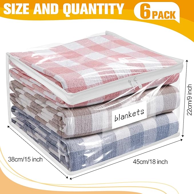 Plastic Storage Bags with Easy-Glide Zipper, Pack of 6, Durable Clear Vinyl Zippered Storage Bags for Clothes Sweaters Comforters Blankets Sheets Bedding (18 x 15 x 9 Inch)