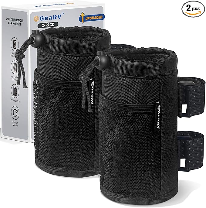 GEARV 2Pack Cup Holder for Bike, Scooter and Wheelchair, Water Bottle Holder for UTV/ATV, Walker, Golf Cart and Beach, Universal Drink Holder Accessories with Net Pocket and Cord Lock (Black)
