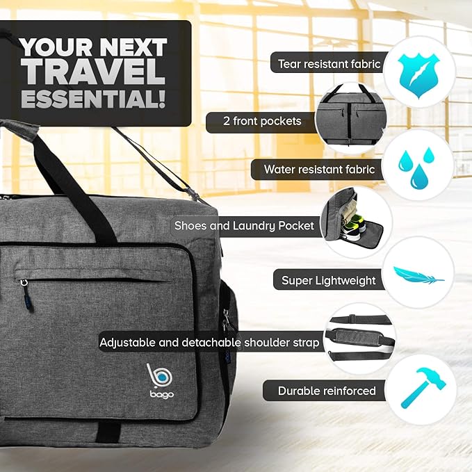 Bago Extra Large Duffle Bag for Travel Women & Men. Durable, Lightweight, Foldable Travel Duffel Bags For Traveling Women. 140L Duffle Bags Use As a Weekender Bag with Shoe Compartment, Checked Duffel