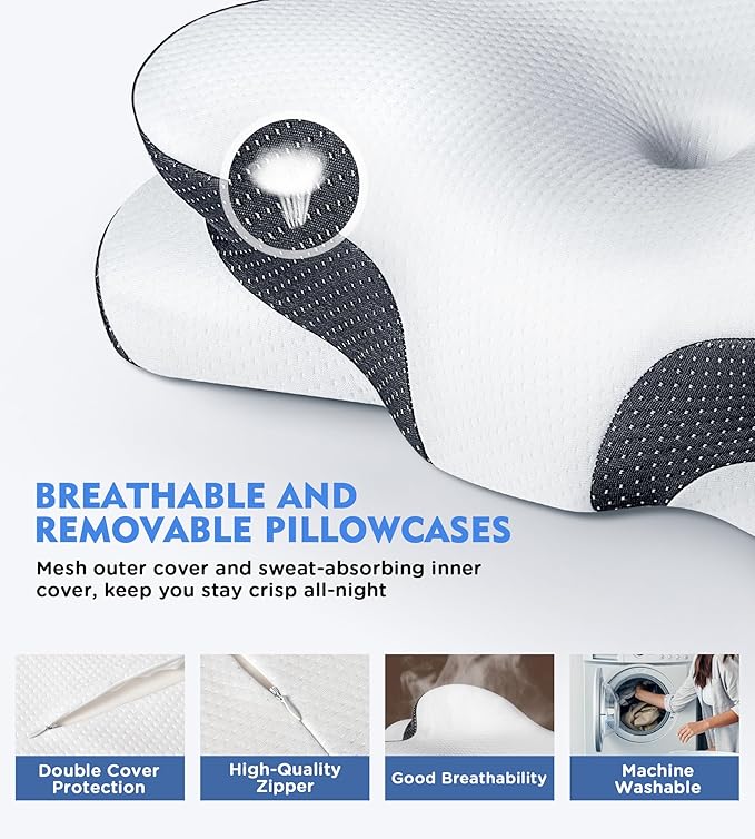 Osteo Sustained Cervical Health Neck Pillow, Contour Zoned Design Ergonomic Pillow for Pain Relief, No-Temperature Affected Memory Foam Pillows, Cooling Pillow Support Side, Back, Stomach Sleeper