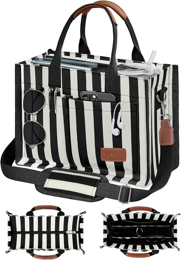 FIORETTO Canvas Tote Bag for Women with Zipper Closure & Individual Compartments for Work College for Teacher & Nurse