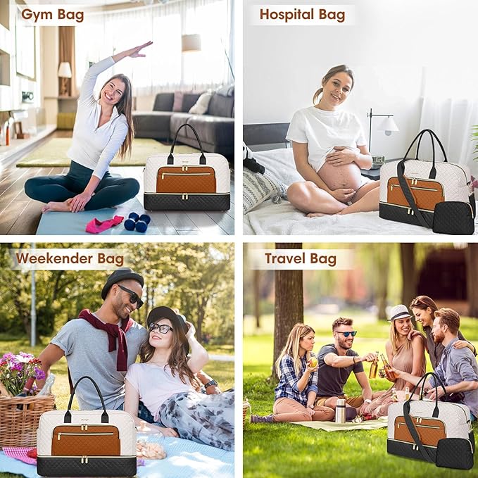 Travel Duffle Bag Weekender for Women - Carry-On Overnight Bag Personal Item Bag with Shoe Compartment & Wet Pocket Large Weekend Tote Bags with Toiletry Bag Hospital Bags for Labor and Delivery