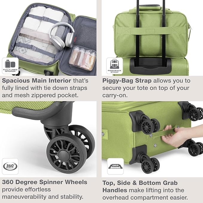 U.S. Traveler Rio Lightweight Softside Rolling Carry-on Suitcase, 4-Wheel Set, Light Green
