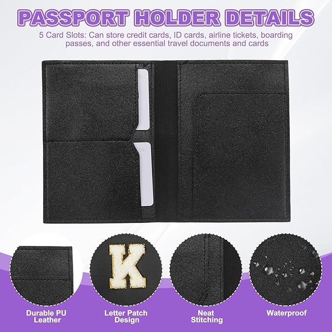 PATIKIL Passport Holder for Travel, Initial Passport Cover and Luggage Tag Set with Alphabet Chenille Letter Patch Travel Wallet Bag Suitcase Identifier for Women Family Travel Black K
