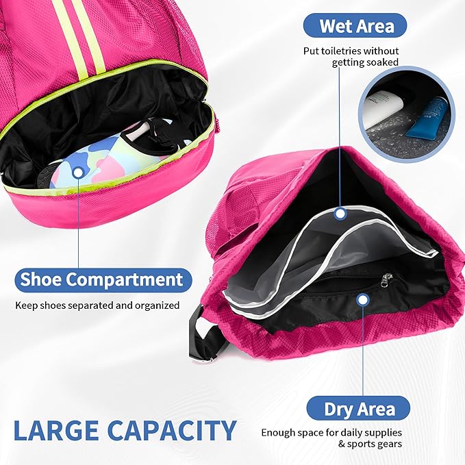 Drawstring Backpack Gym Bag with Shoes Compartment for Soccer, Basketball, Swim, Water-Resistant String Backpack Beach Cinch for Women Men, Rose