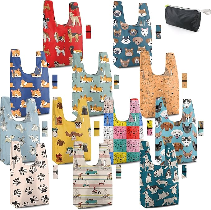 BeeGreen Animal Reusable Grocery Tote Bags 12 Pack, Heavy Duty Large Capacity Reusable Shopping Bags, Sturdy Machine Washable Foldable Bag for Travel Beach Storage Holiday Gift Bag with Handles