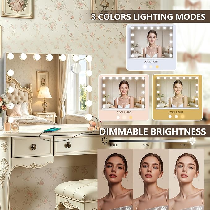 Ratsamee Hollywood Vanity Mirror with Lights, 23" x 18", 15 Dimmable Bulbs, 3 Color Lights, Make Up Lighted Mirror, USB Charging Port, Gifts for Women Wife Teengirls White