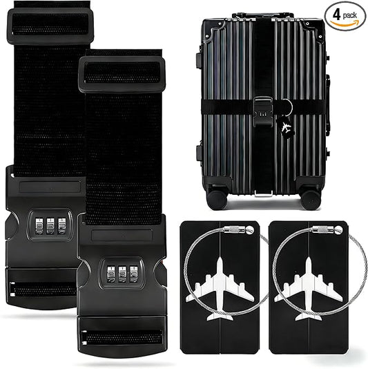 4-piece Set of Lockable Luggage Straps - Two Luggage Straps and Two Luggage Tags to Protect Your Luggage from Bursting, Suitable for suitcases 20-32 in (Black Password Lock)