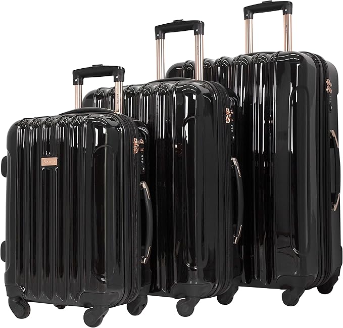 kensie 3 Piece "Alma" Light Metallic Style TSA-Lock Spinner Luggage Set, Midnight Black Option