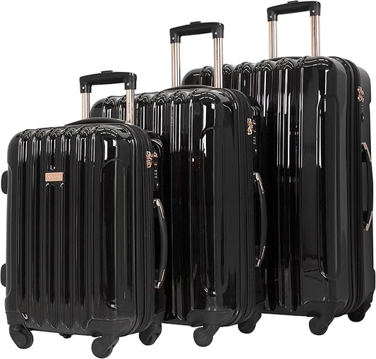 kensie 3 Piece "Alma" Light Metallic Style TSA-Lock Spinner Luggage Set, Midnight Black Option