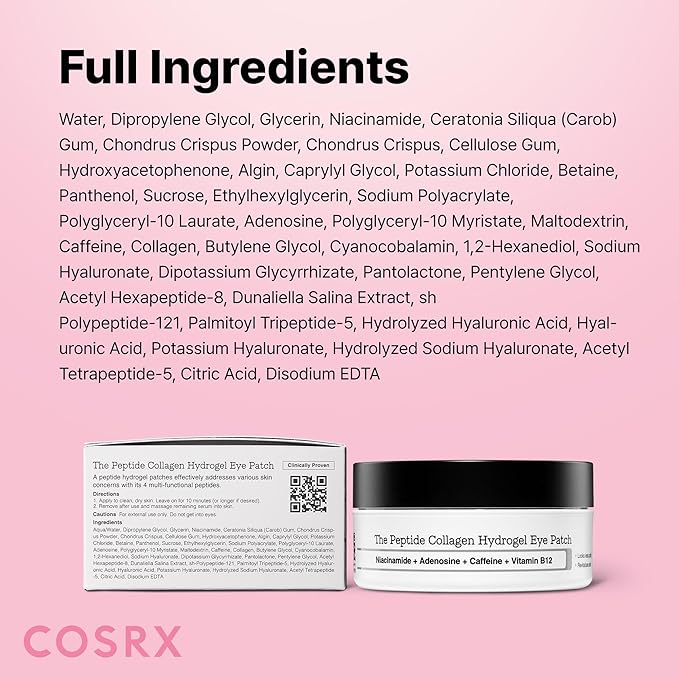 COSRX Pink Peptides Collagen Hydrogel Eye Patch for Puffy Eyes and Dark Circles, Under Eye Mask, 60 Under Eye Patches, Korean Skin Care