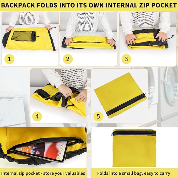 150L Laundry Bag Backpack with 3 Sizes Mesh Wash Bags and Shoulder Straps Foldable Clothes Hamper Bag with Drawstring Closure for College, Apartment, Laundromat (Yellow)