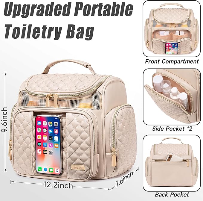Large Leather Toiletry Bag for Women Men,Bathroom Bag,Water Resistant Shower Bag,Makeup Bag,Portable Shower Caddy for College Dorm,Hanging Travel Toiletry Bag with Transparent Waterproof Phone Pocket