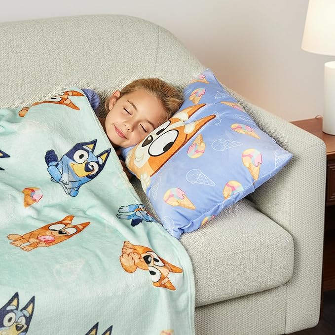 Northwest Bluey Bingo Joy Silk Touch Throw Blanket 50 x 60 Inches with Plush Pocket Pillow 14 x 20 Inches - Comfy & Cozy Blanket & Pillow Set for Boys and Girls