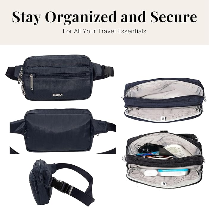 Baggallini Securtex Anti-theft Belt Bag 8.8"x5.5" Crossbody Fanny Pack for Women RFID Wallet Locking Zipper Travel Purse
