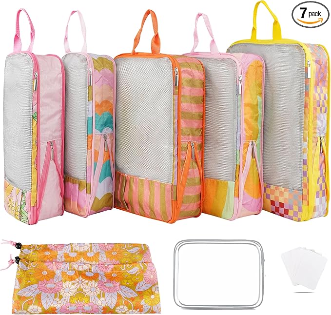 7 Pcs Compression Packing Cubes for Travel Luggage, Lightweight Suitcase Organizer Bags Set, Compression Packaging Cube for Travel Essentials, Packing Cubes for Carry on Suitcase