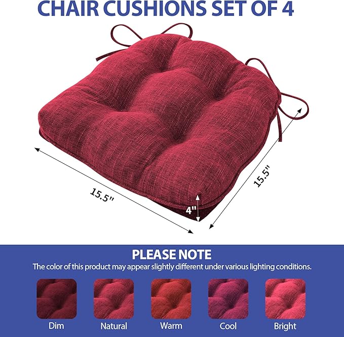 Chair Cushions for Dining Chairs Set of 4, Red Kitchen Chair Cushions, Chair Pads with Ties and Non Slip Backing, Christmas Room Decor, Tufted Memory Foam Seat Cushion 4 Pack, 15.5"x15.5"x4"