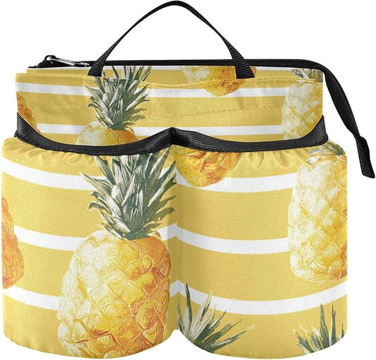 Summer Yellow Striped Pineapples Luggage Cup Holder Travel Portable Free Hand Drink Carrier Suitcase Drinks Beverage Holder Carry-On Bottle Mug Holder Organizer Bag Travelers Accessories