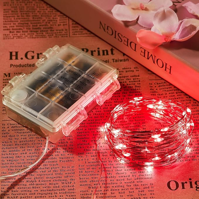 Ariceleo 1 Pack 65.6 Ft. Battery Operated Outdoor String Lights with Remote & Timer, LED Red Fairy Lights, Waterproof Twinkle Lights for Bedroom, Dorm, Mason Jar, Wedding, Party, Christmas