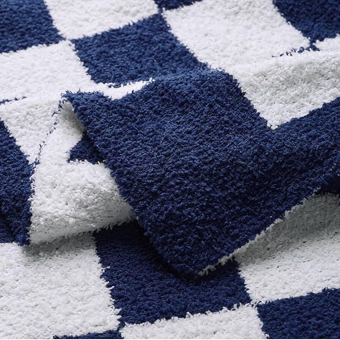 Checkered Throw Blanket, Dark Blue Soft Cozy Fluffy Knitted Throw Blankets for Couch, Sofa, Bed, Chair, Warm Fuzzy Travel Picnic Lightweight Plaid Blanket, 50x70 inches