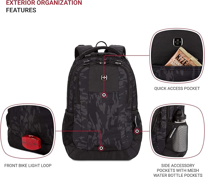 SWISSGEAR Cecil 18-Inch Laptop Backpack Fits 16-Inch Laptop, Travel Daypack with Organizer Pockets, Water Bottle Holders & Padded Straps – Black Cod/Camo