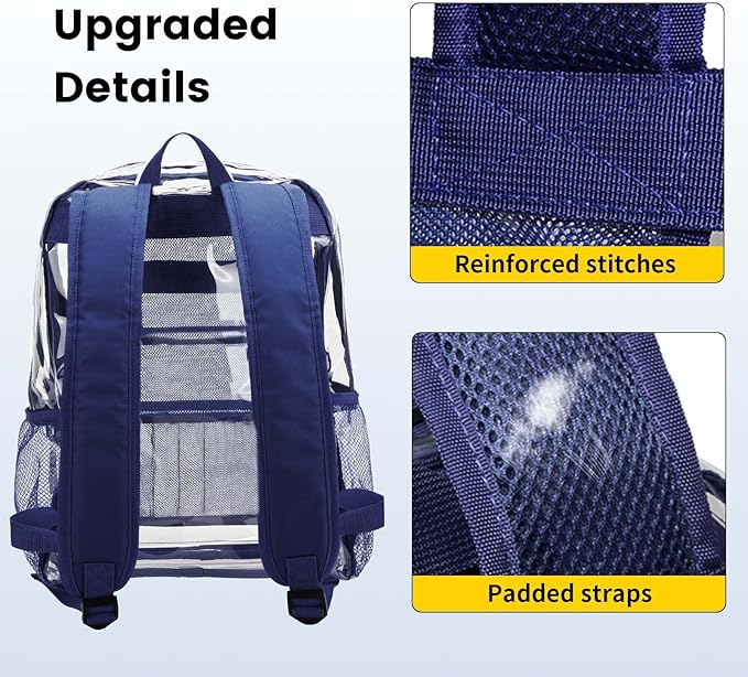 Vorspack Clear Backpack Heavy Duty PVC Transparent Backpack with Reinforced Strap Stitches & Large Capacity for College Workplace Security - Navy